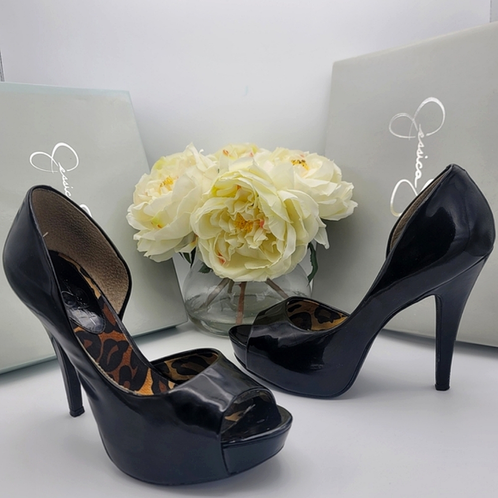 Jessica Simpson Acadia Patent Leather Black Peep Toe Heels Size 8.5